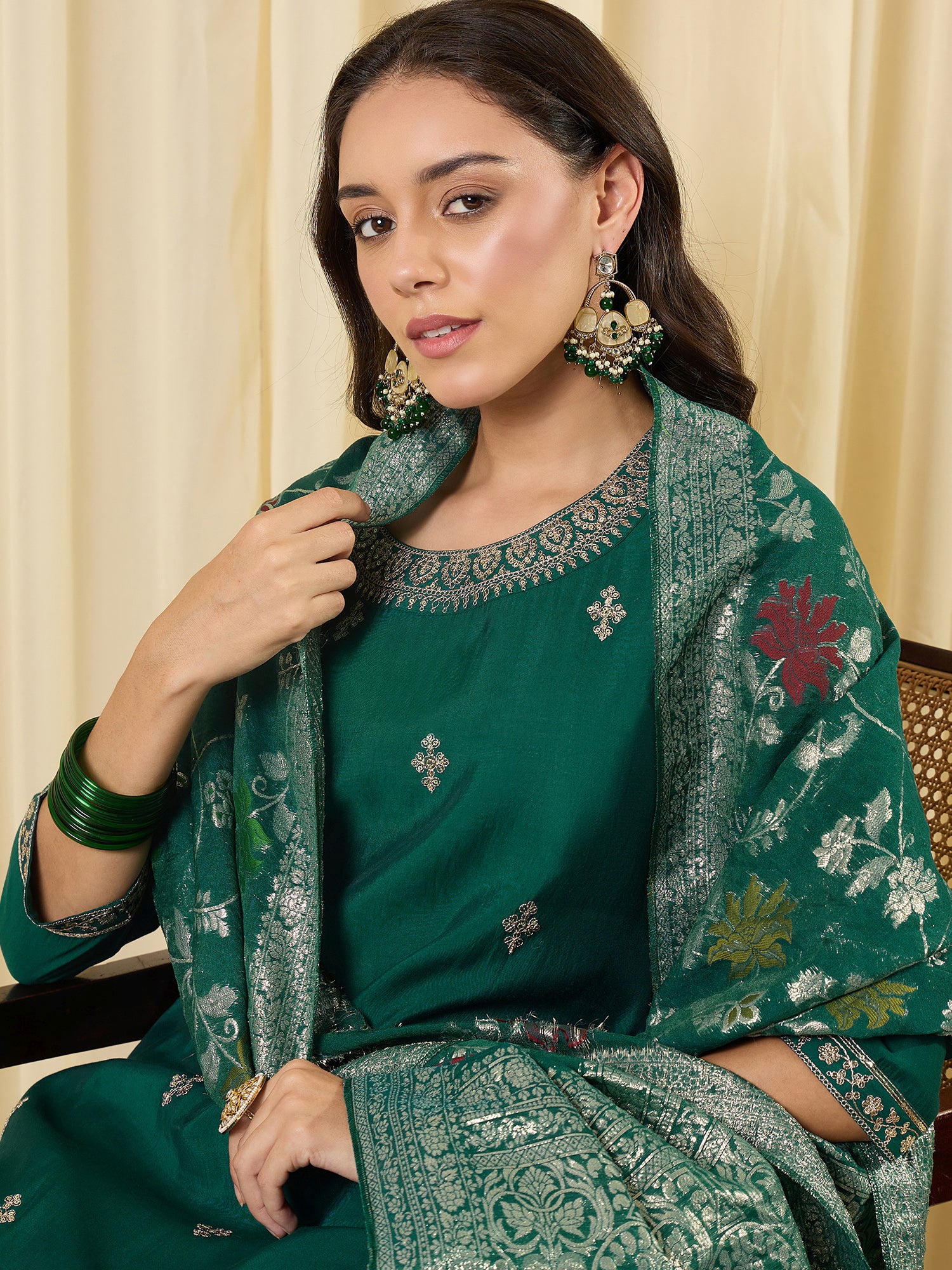 Indo Era Green Embroidered Straight Kurta Trousers With Dupatta Set