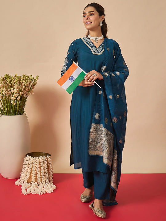Indo Era Navy Blue Embroidered Straight Kurta Trousers With Dupatta Set