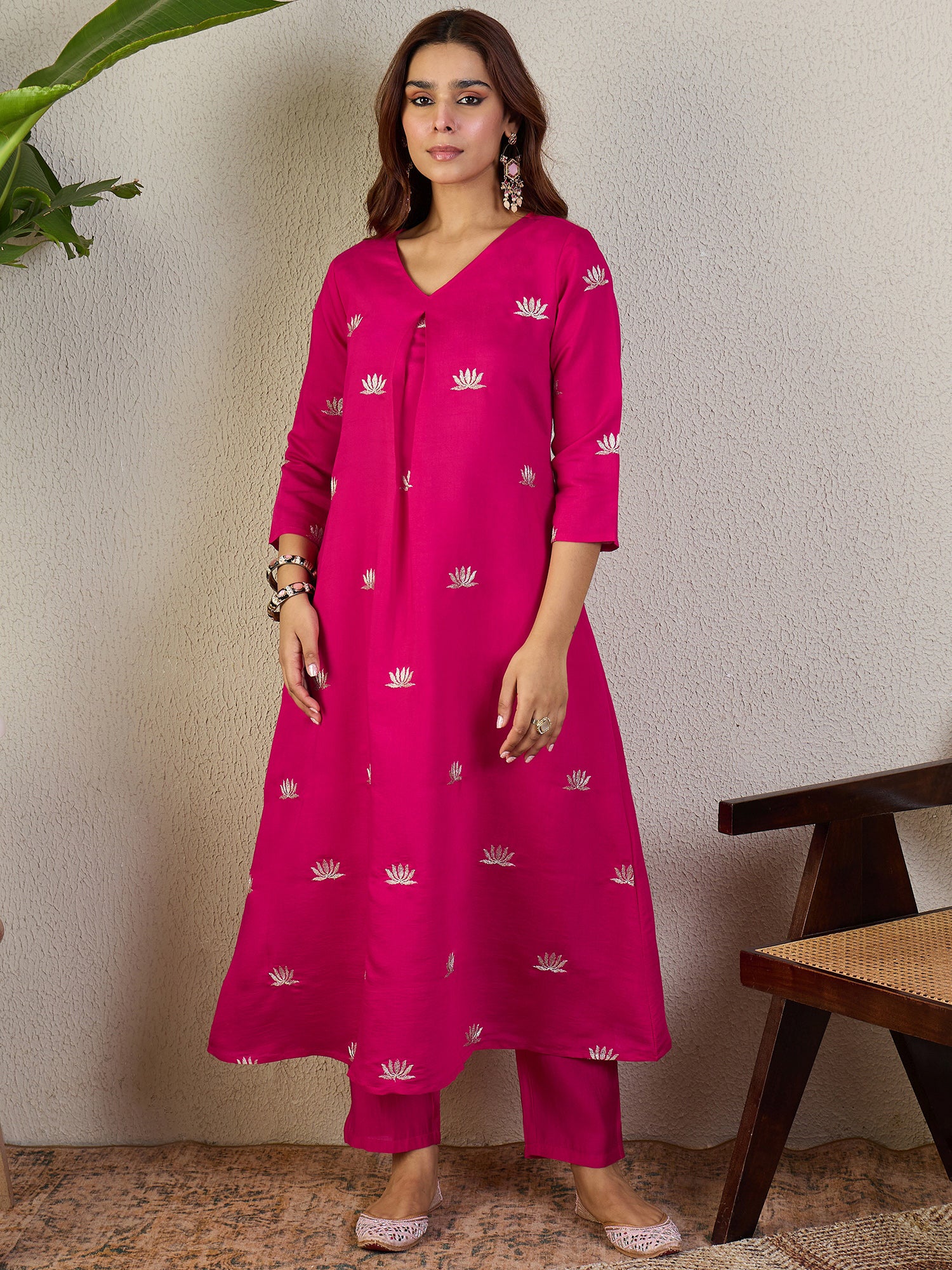 Indo Era Pink Embroidered A-Line Kurta Trousers set