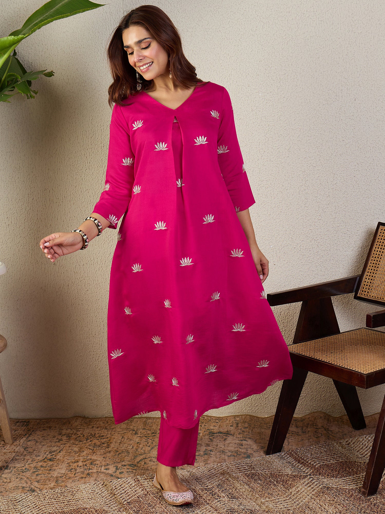 Indo Era Pink Embroidered A-Line Kurta Trousers set