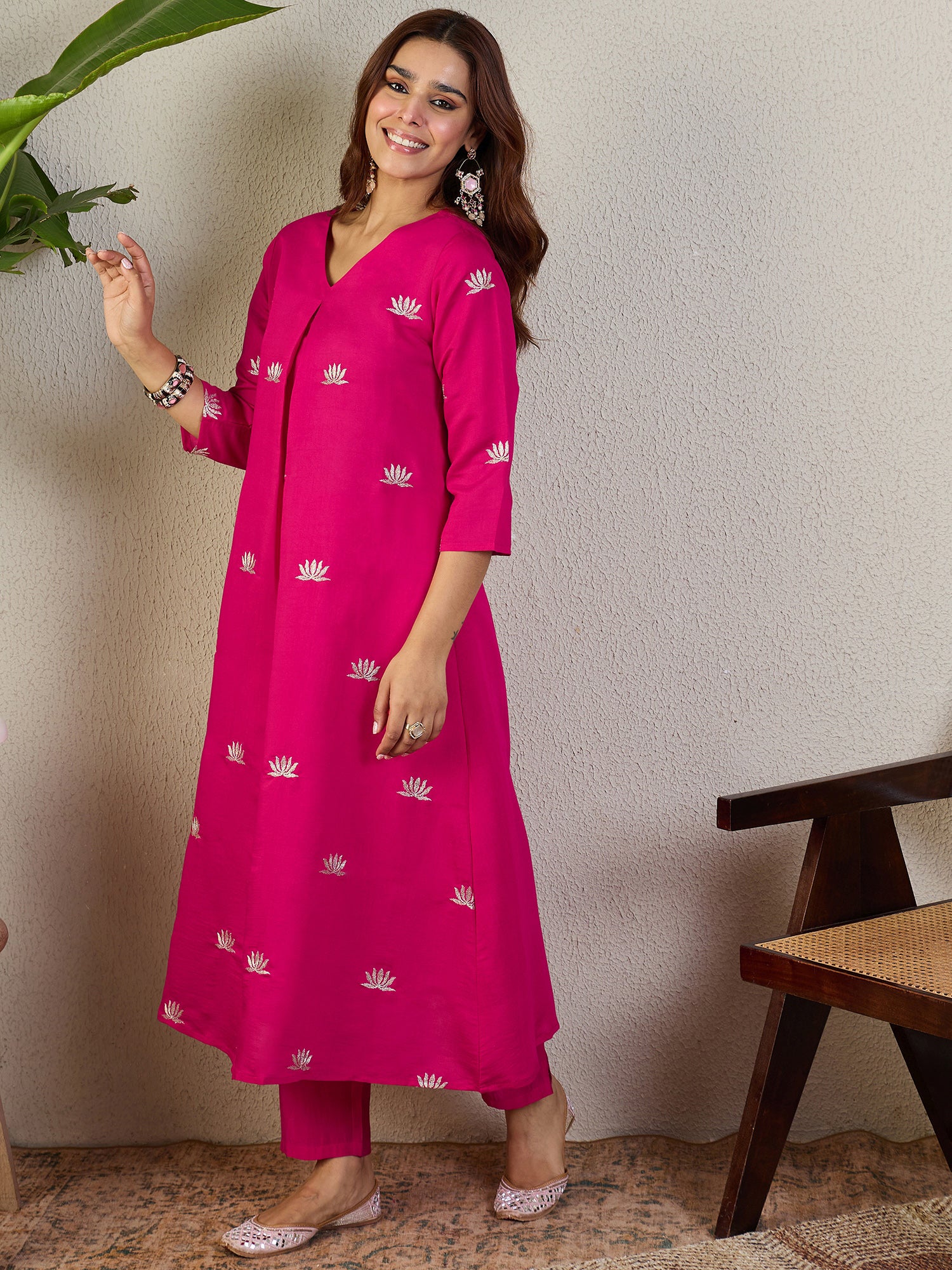 Indo Era Pink Embroidered A-Line Kurta Trousers set