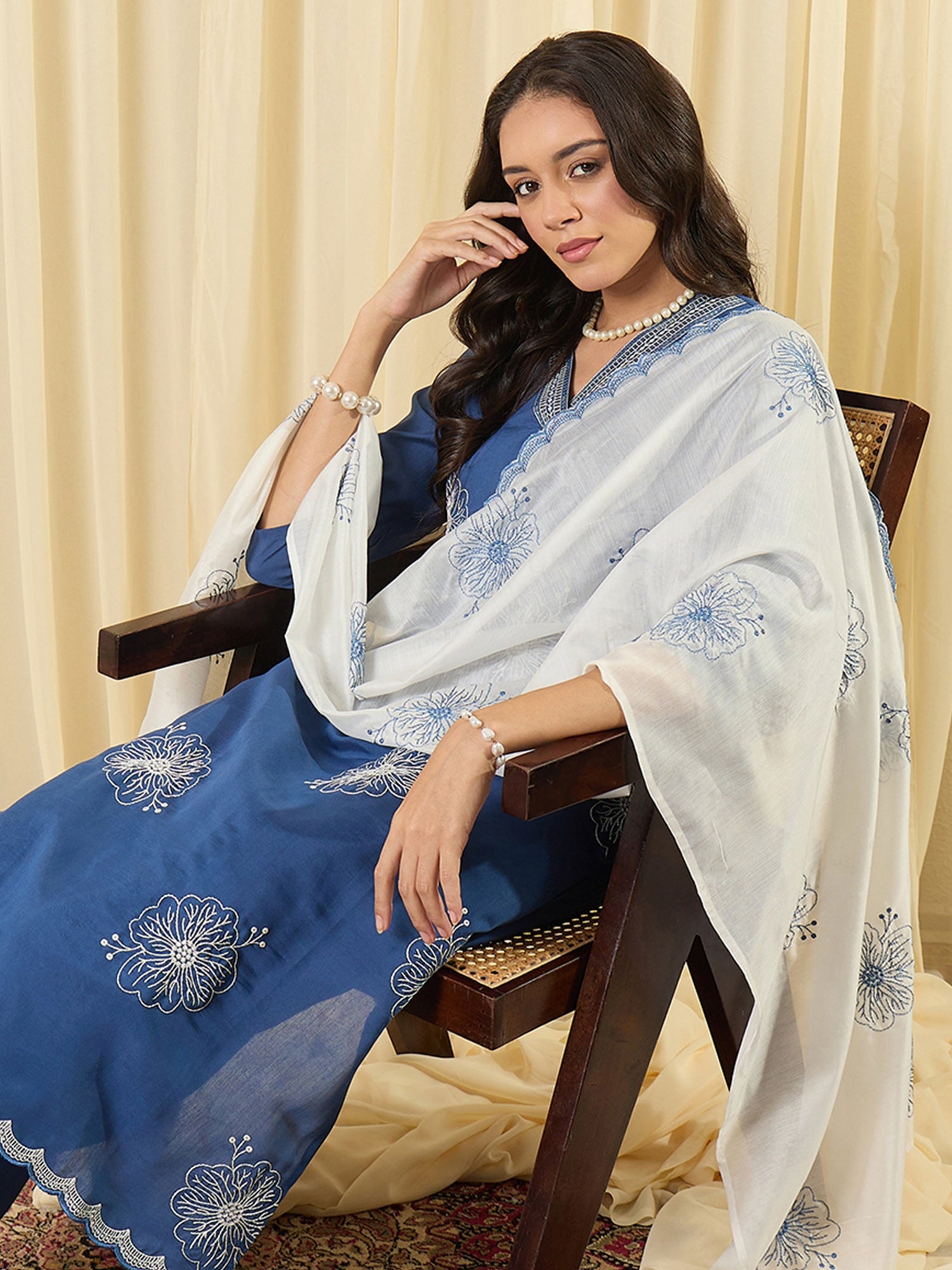 Indo Era Blue Embroidered A-Line Kurta Trousers With Dupatta set