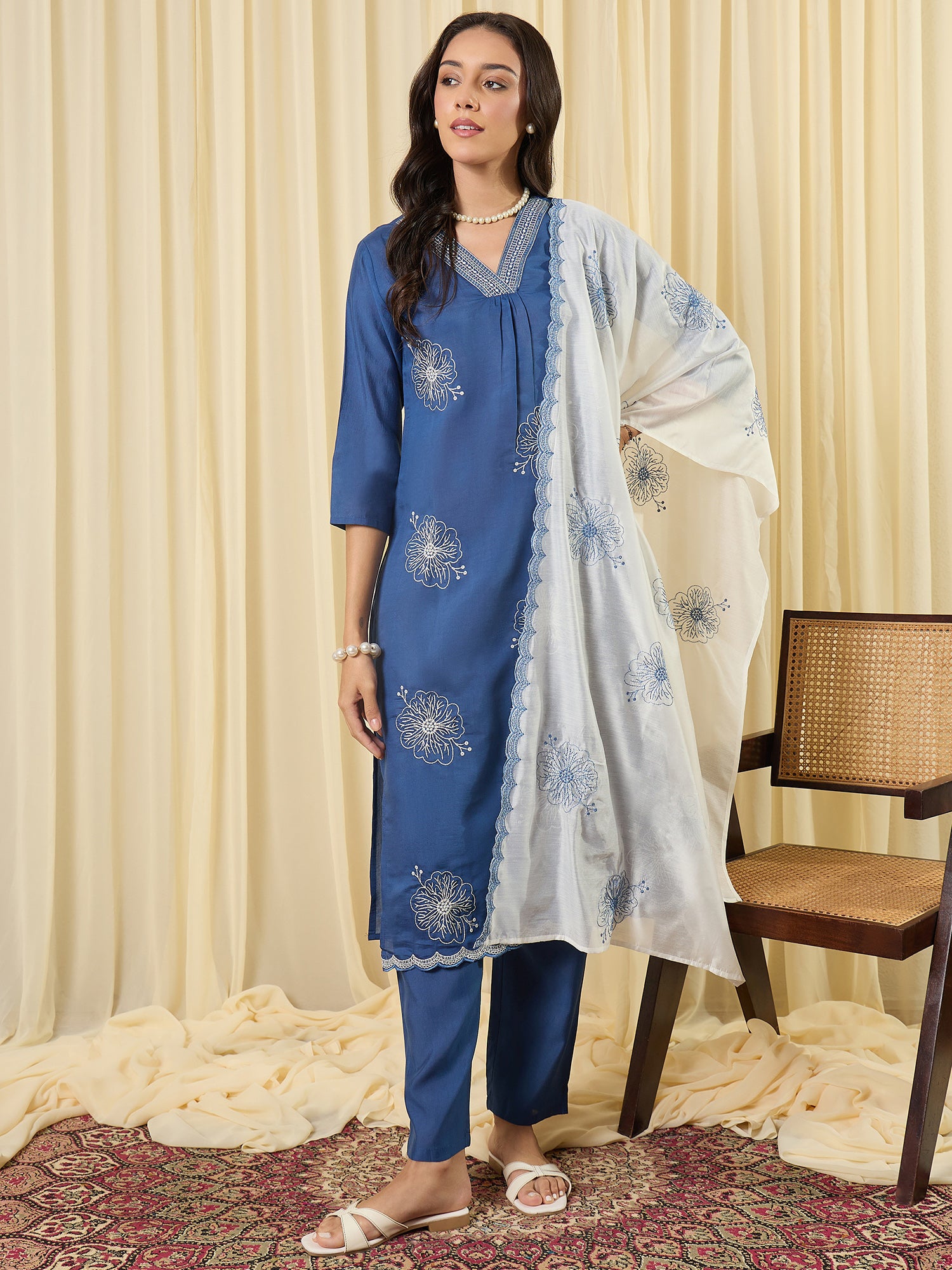 Indo Era Blue Embroidered A-Line Kurta Trousers With Dupatta set