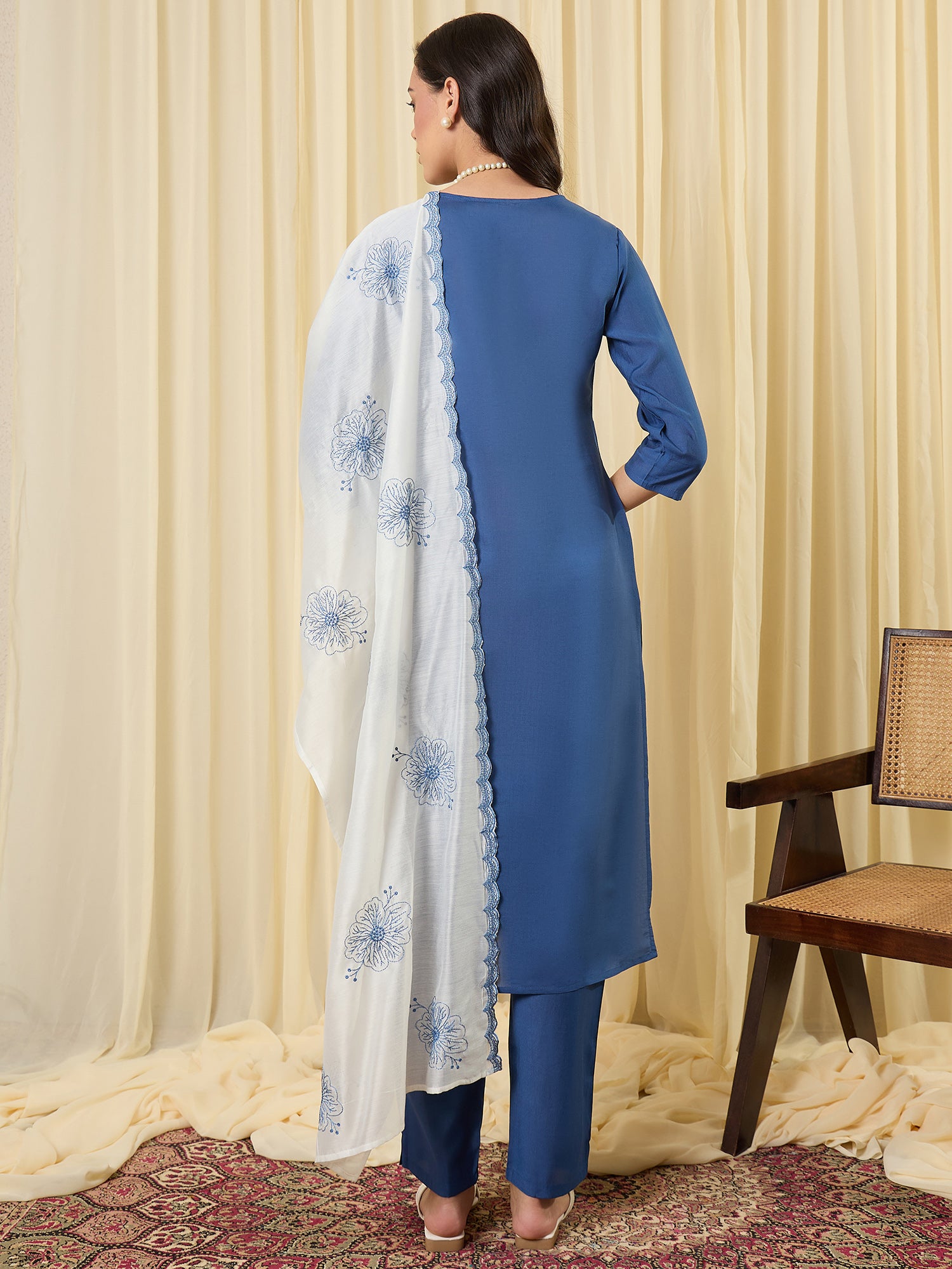 Indo Era Blue Embroidered A-Line Kurta Trousers With Dupatta set