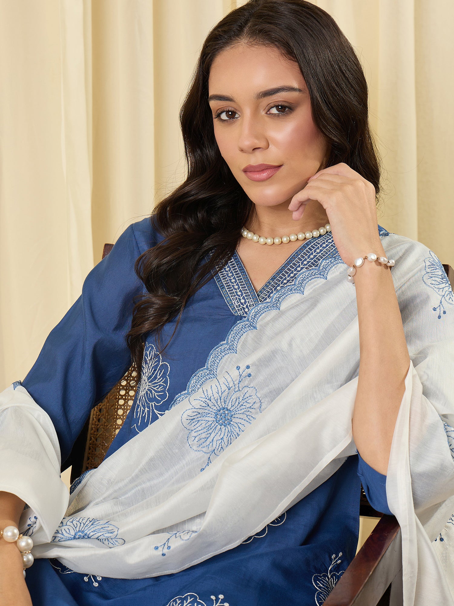 Indo Era Blue Embroidered A-Line Kurta Trousers With Dupatta set