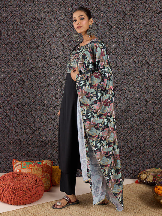 Indo Era Black Printed Straight Kurta Trousers With Dupatta set