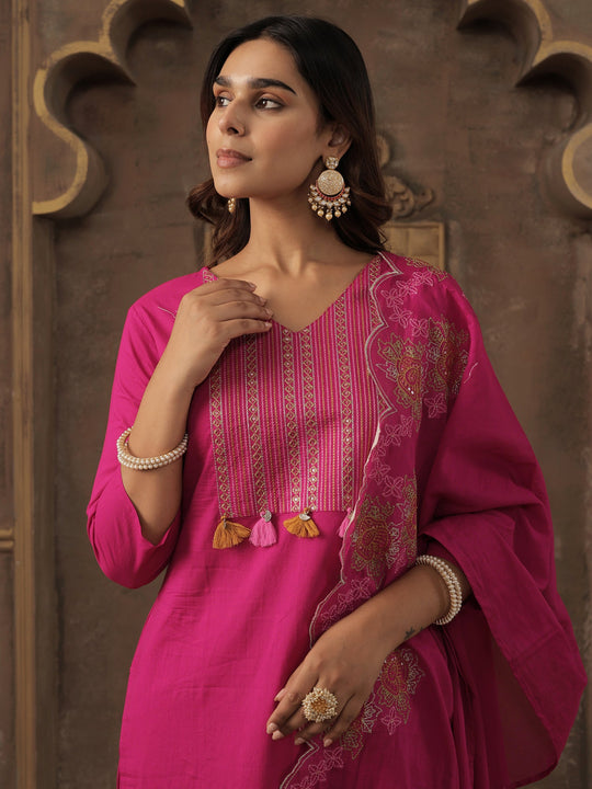 Indo Era Pink Embroidered Straight Kurta Trousers With Dupatta set