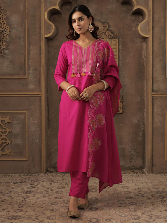 Indo Era Pink Embroidered Straight Kurta Trousers With Dupatta set