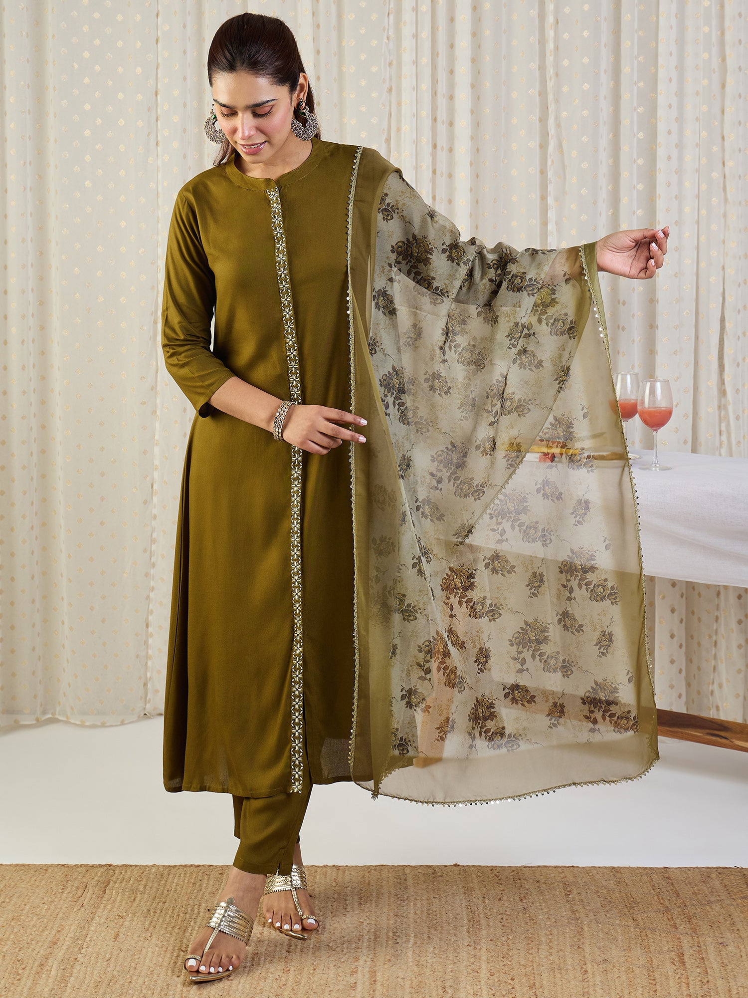 Indo Era Green Embroidered A-Line Kurta Trousers With Dupatta set