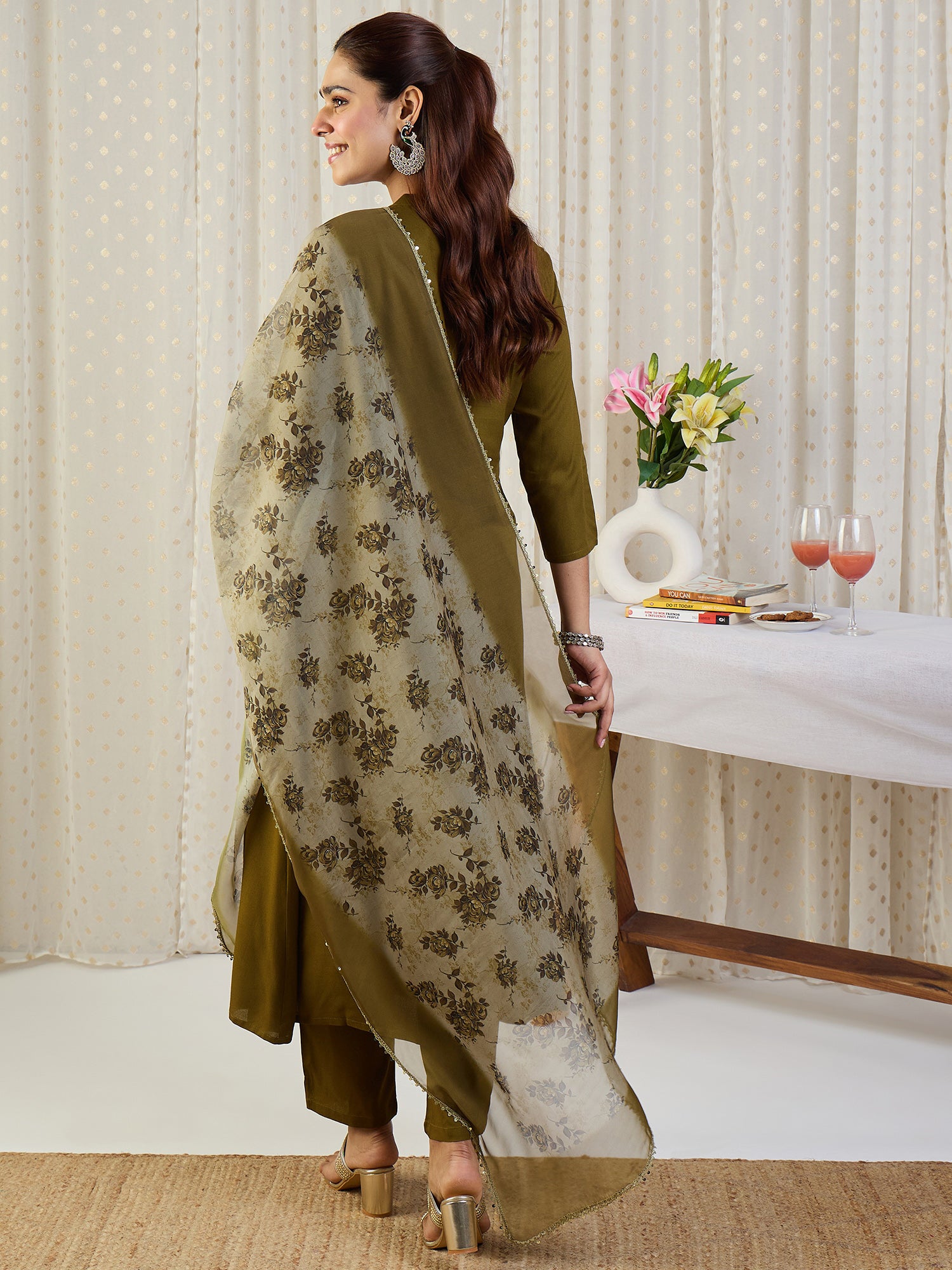Indo Era Green Embroidered A-Line Kurta Trousers With Dupatta set