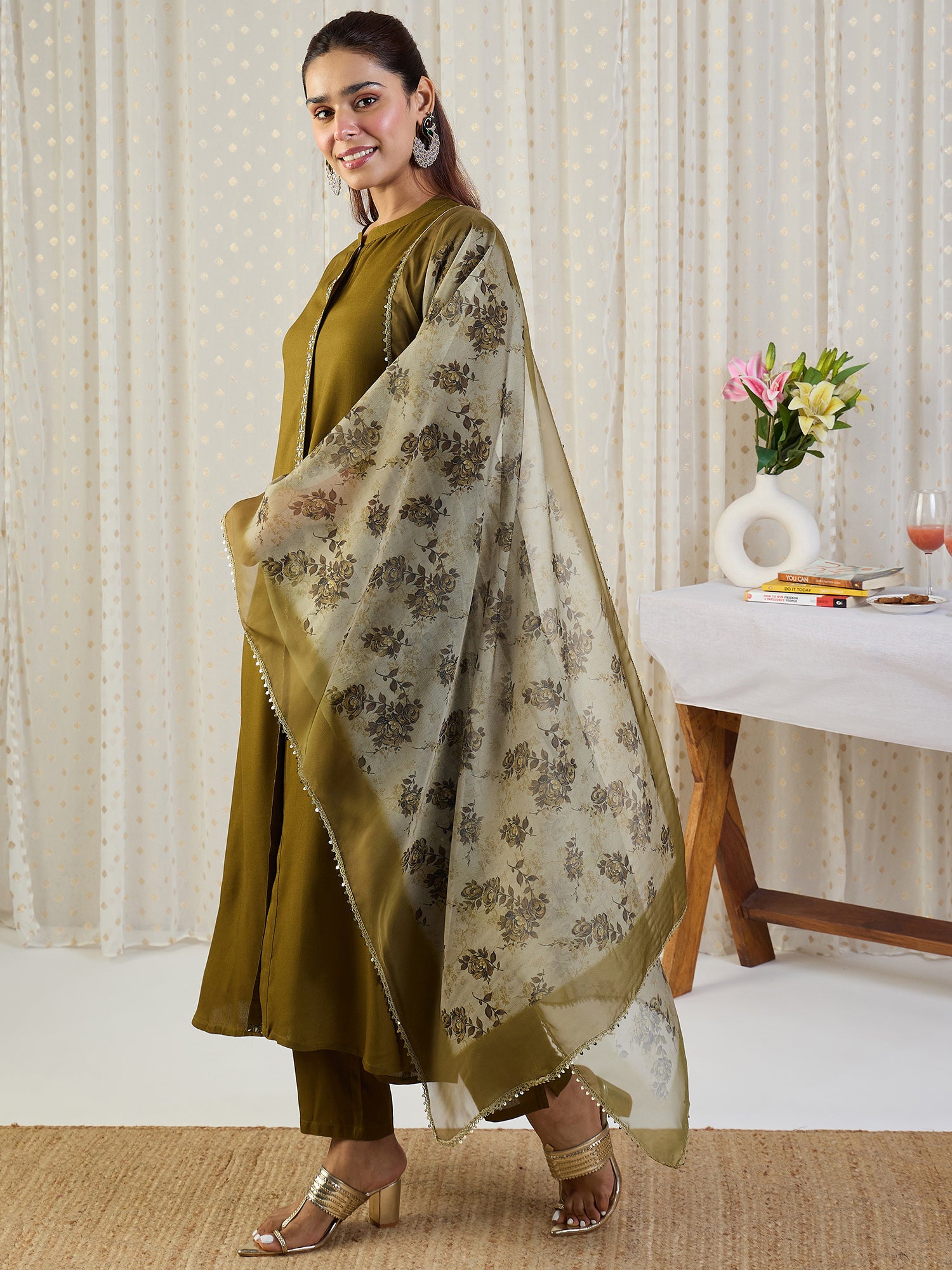 Indo Era Green Embroidered A-Line Kurta Trousers With Dupatta set