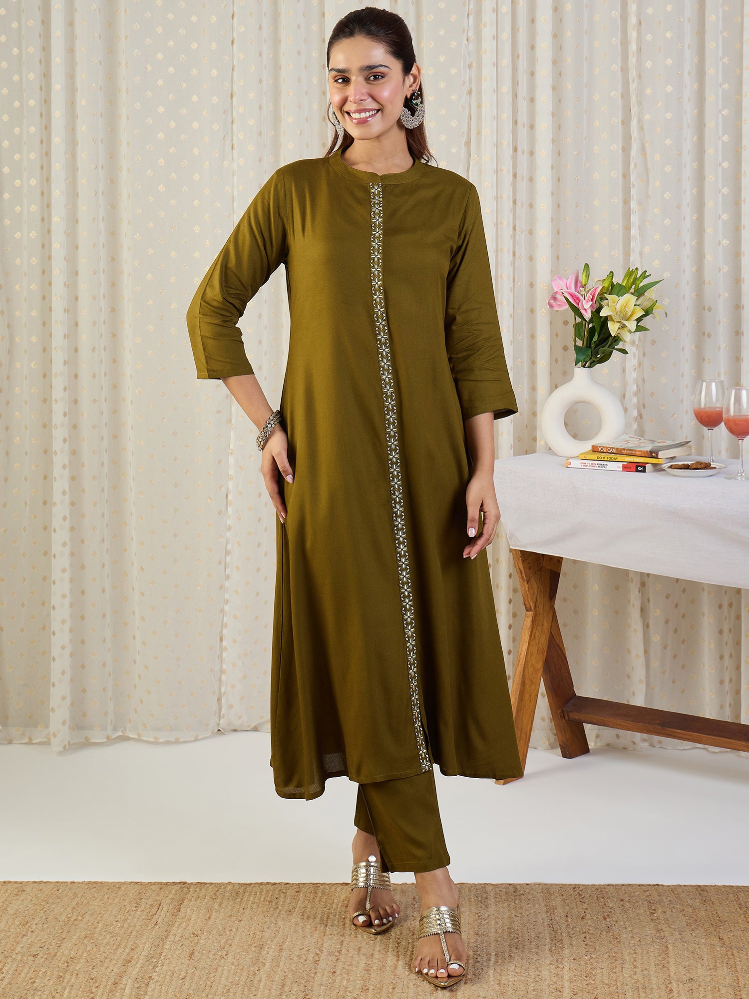 Indo Era Green Embroidered A-Line Kurta Trousers With Dupatta set