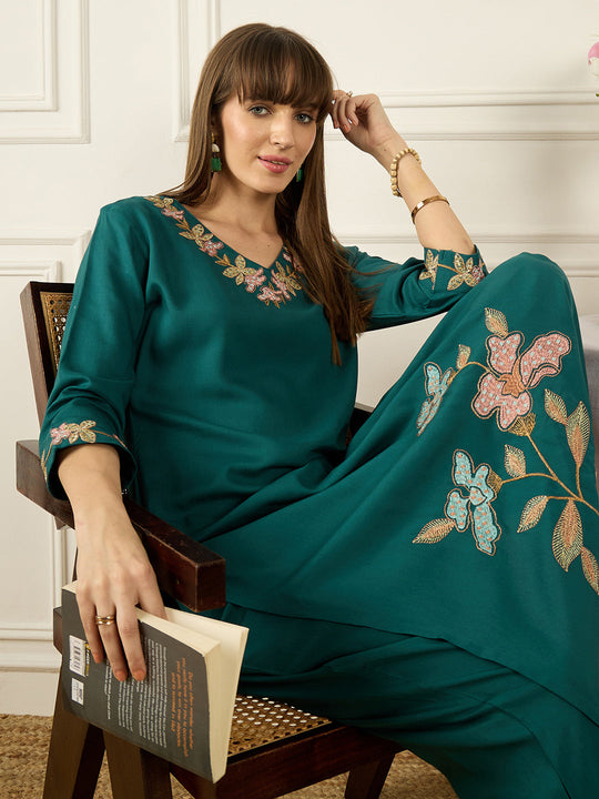 Indo Era Teal Embroidered Straight Kurta Trousers set
