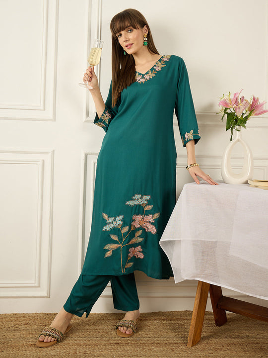 Indo Era Teal Embroidered Straight Kurta Trousers set