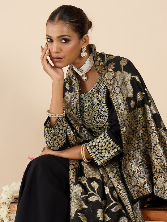 Indo Era Black Embroidered Straight Kurta Trousers With Dupatta Set