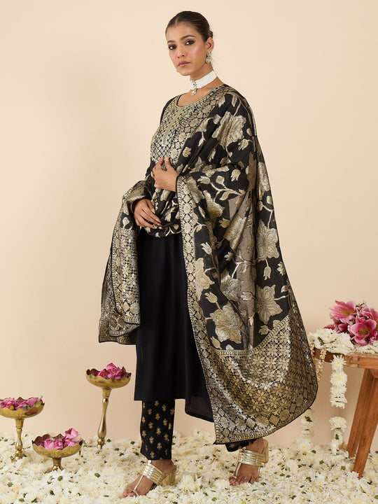 Indo Era Black Embroidered Straight Kurta Trousers With Dupatta Set