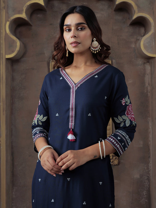 Navy Blue Embroidered Silk Blend Straight Kurta Trouser Set