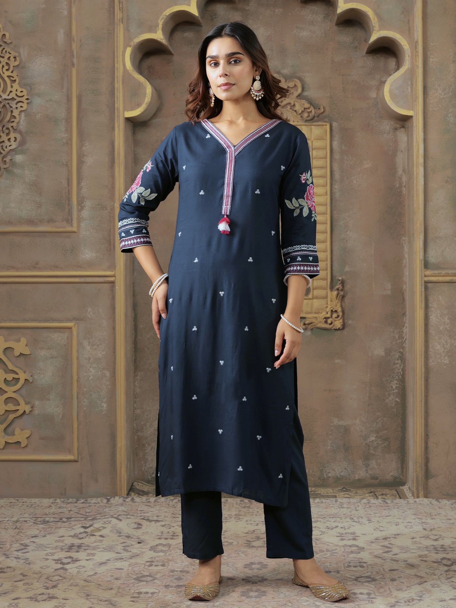Navy Blue Embroidered Silk Blend Straight Kurta Trouser Set