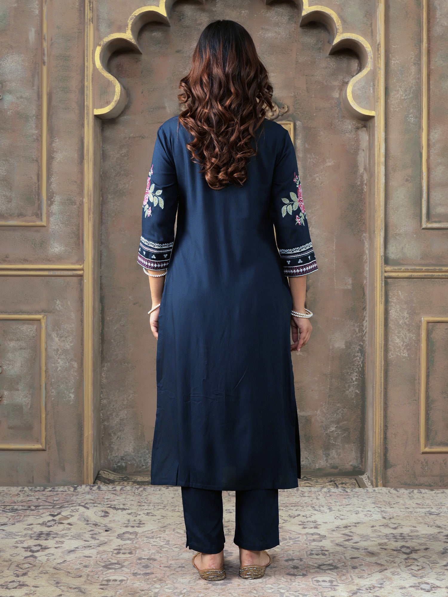 Navy Blue Embroidered Silk Blend Straight Kurta Trouser Set