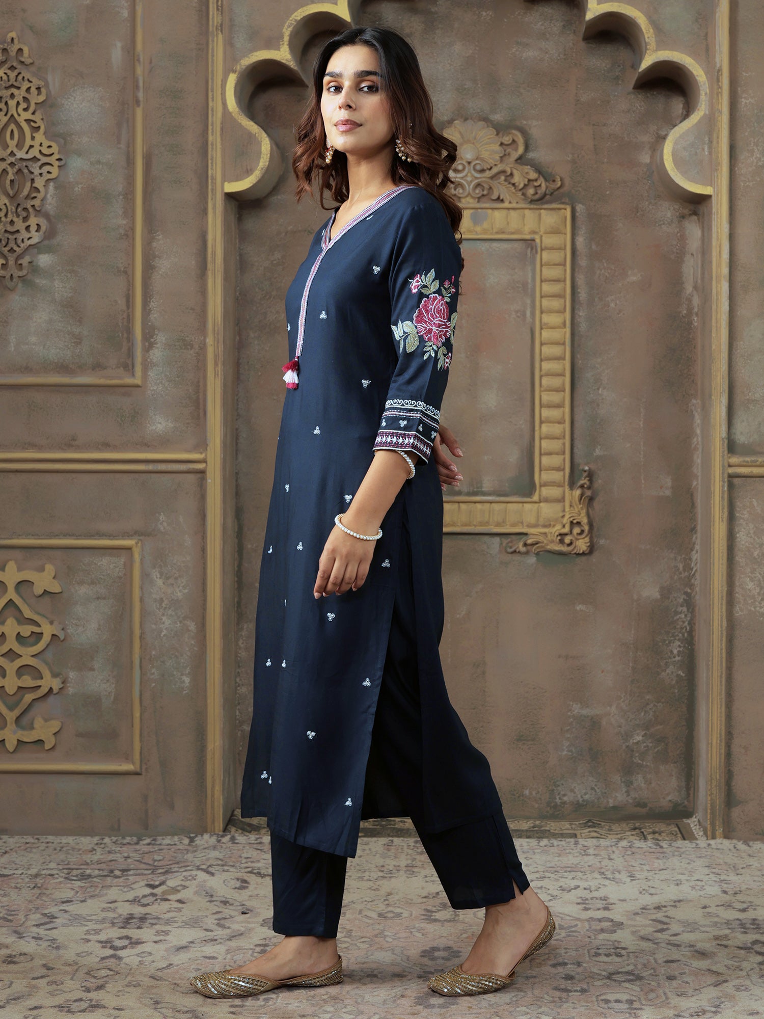 Navy Blue Embroidered Silk Blend Straight Kurta Trouser Set