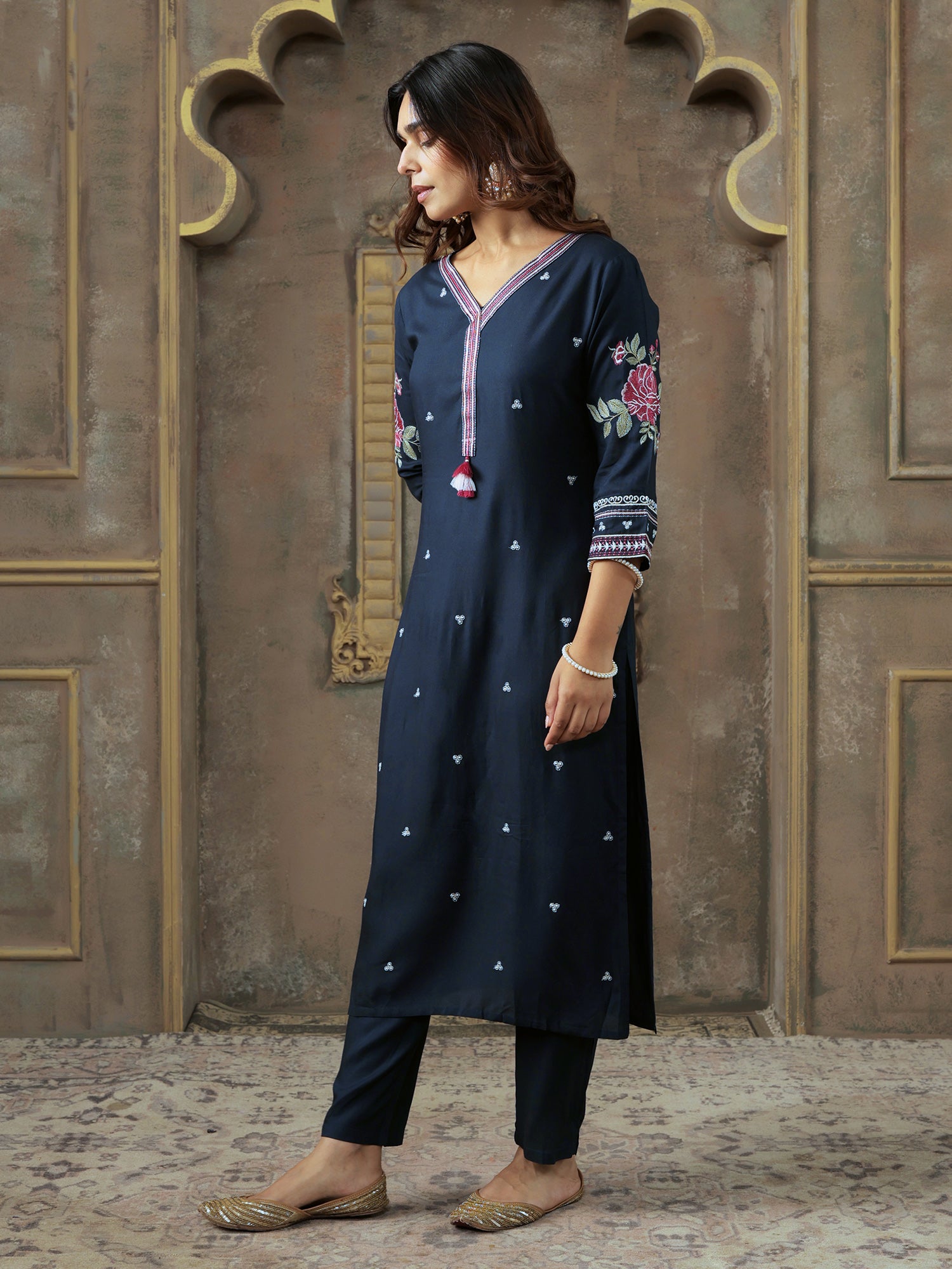 Navy Blue Embroidered Silk Blend Straight Kurta Trouser Set