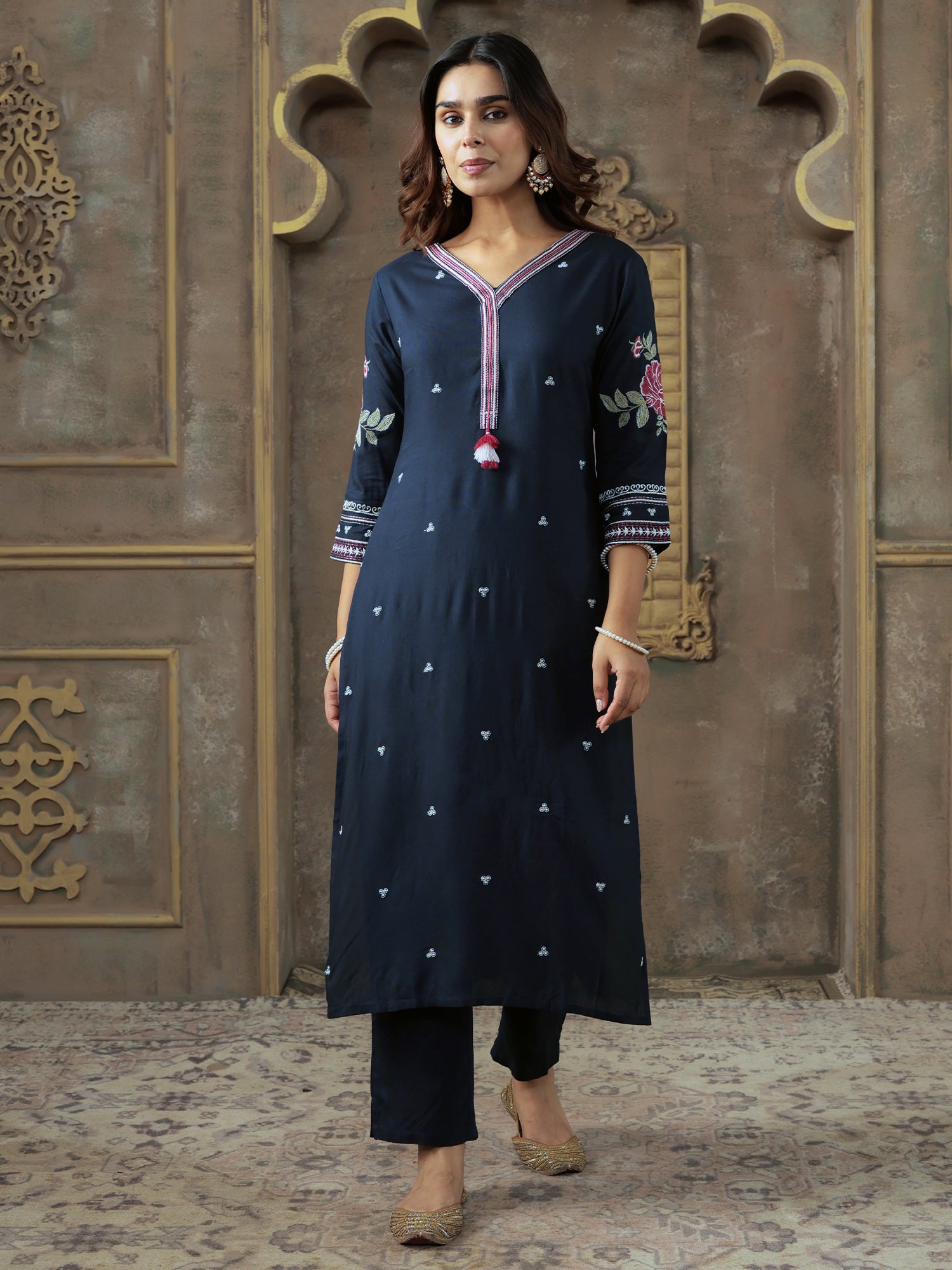 Navy Blue Embroidered Silk Blend Straight Kurta Trouser Set