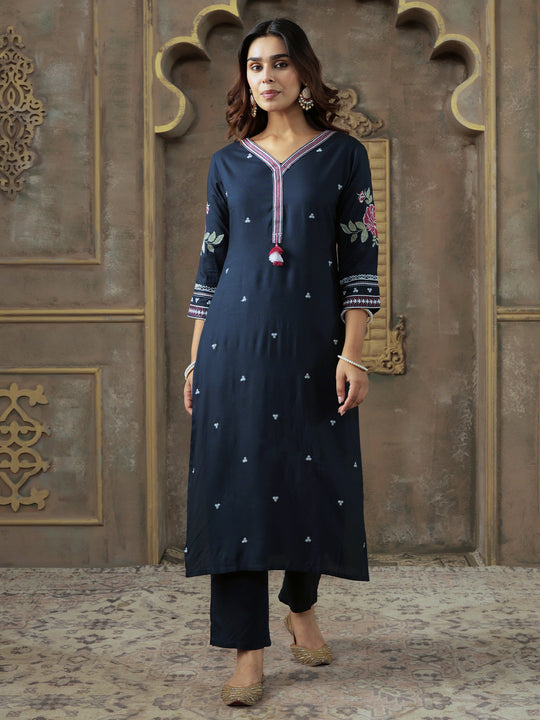 Navy Blue Embroidered Silk Blend Straight Kurta Trouser Set