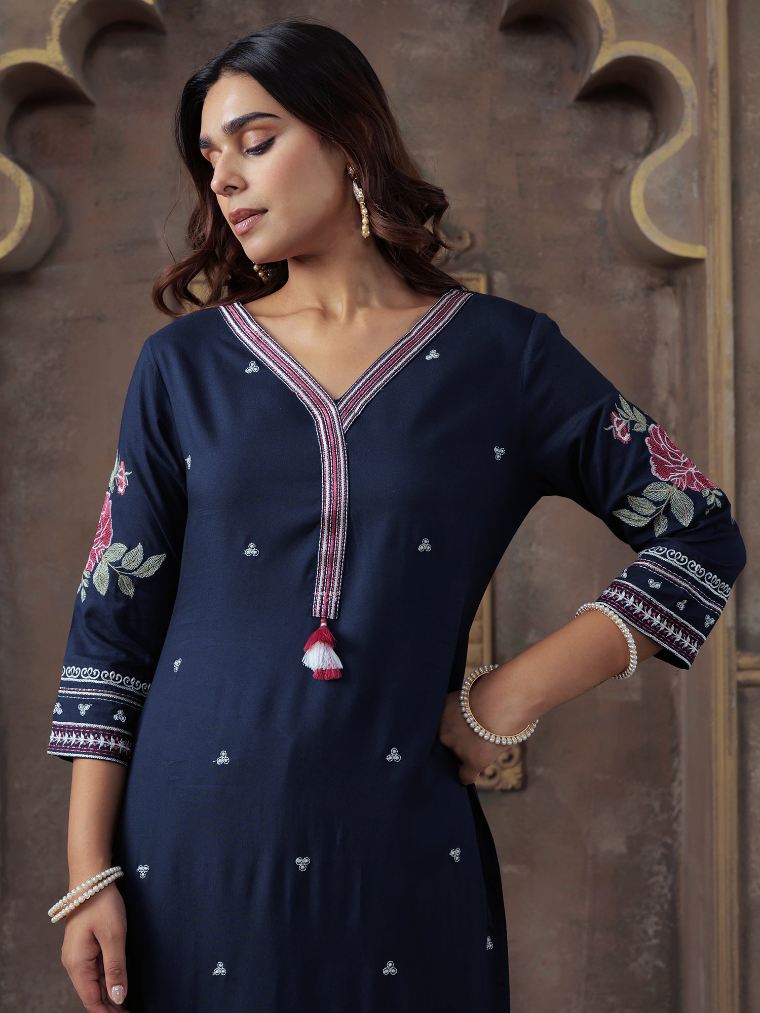 Navy Blue Embroidered Silk Blend Straight Kurta Trouser Set