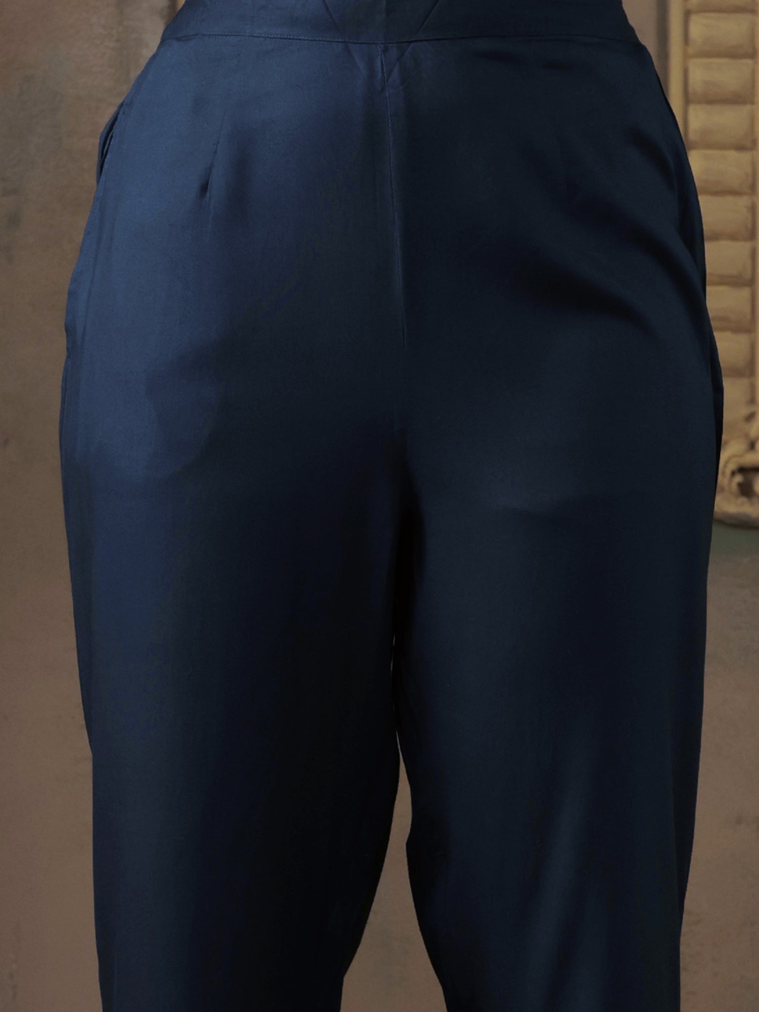 Navy Blue Embroidered Silk Blend Straight Kurta Trouser Set