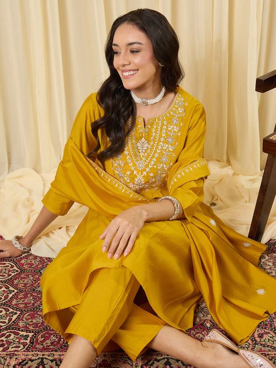 Indo Era Yellow Embroidered A-Line Kurta Trousers With Dupatta Set