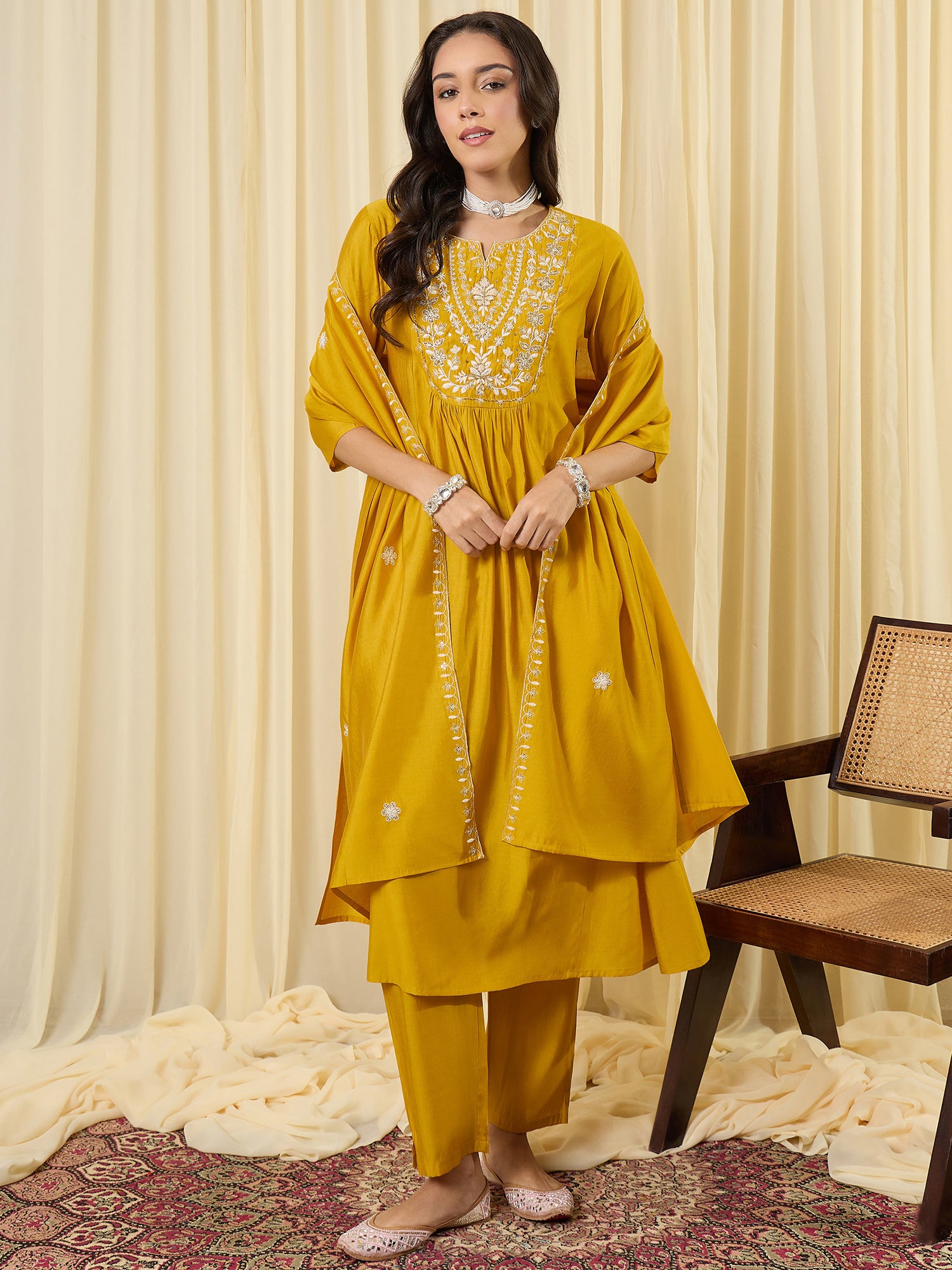 Indo Era Yellow Embroidered A-Line Kurta Trousers With Dupatta Set