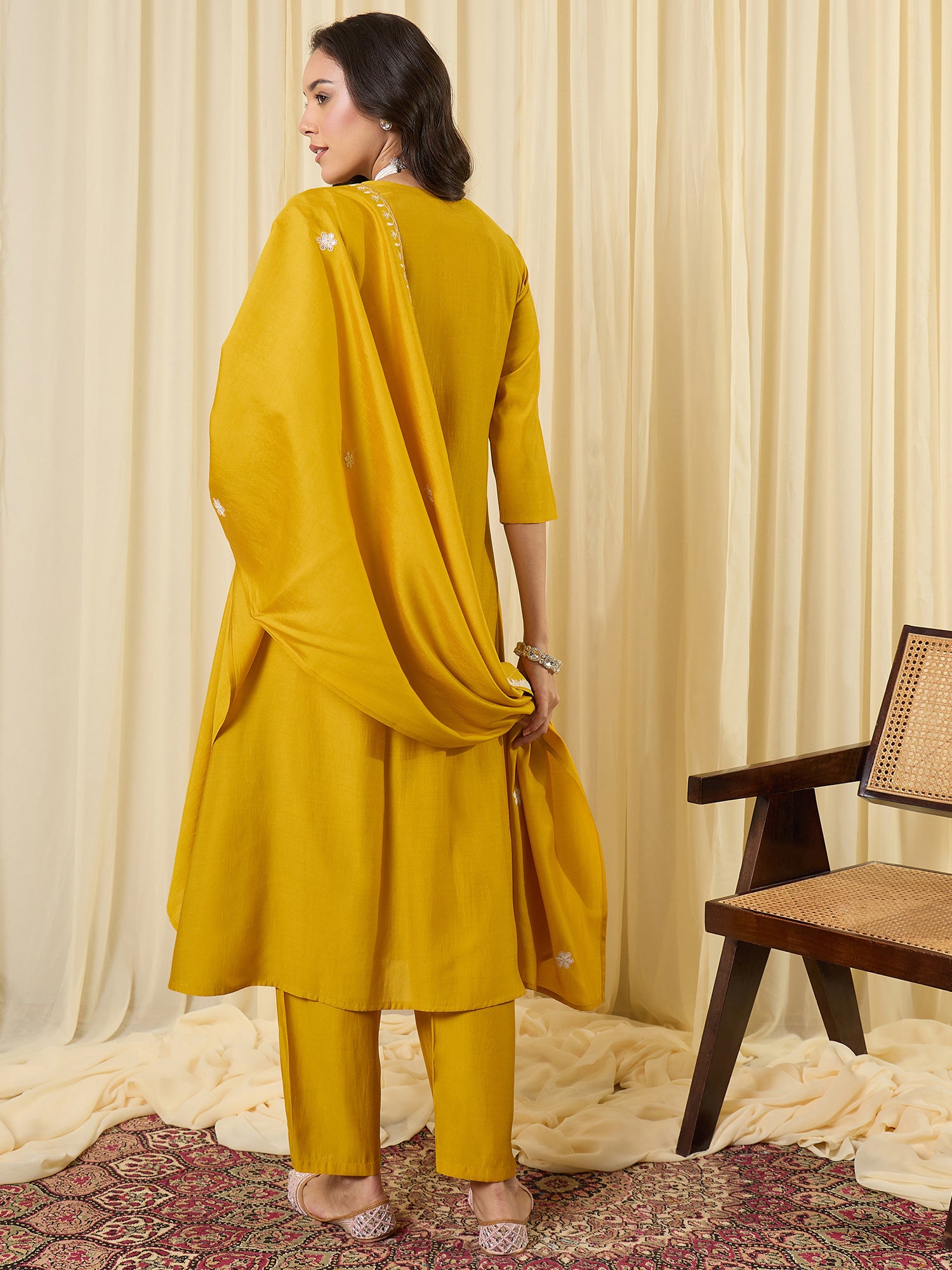 Indo Era Yellow Embroidered A-Line Kurta Trousers With Dupatta Set