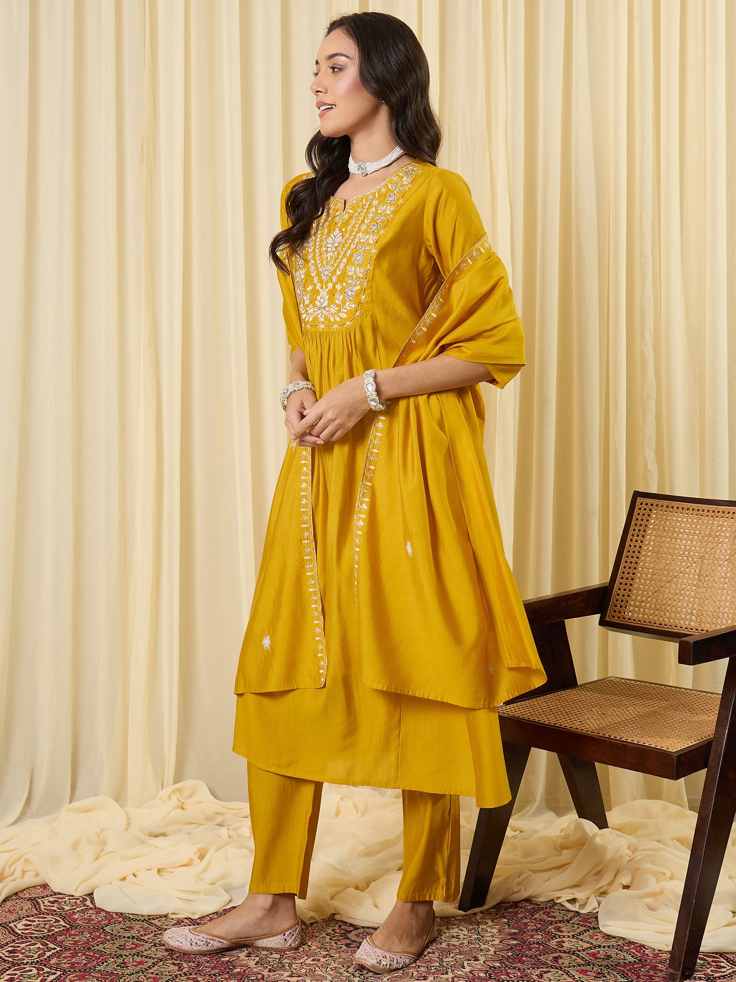 Indo Era Yellow Embroidered A-Line Kurta Trousers With Dupatta Set