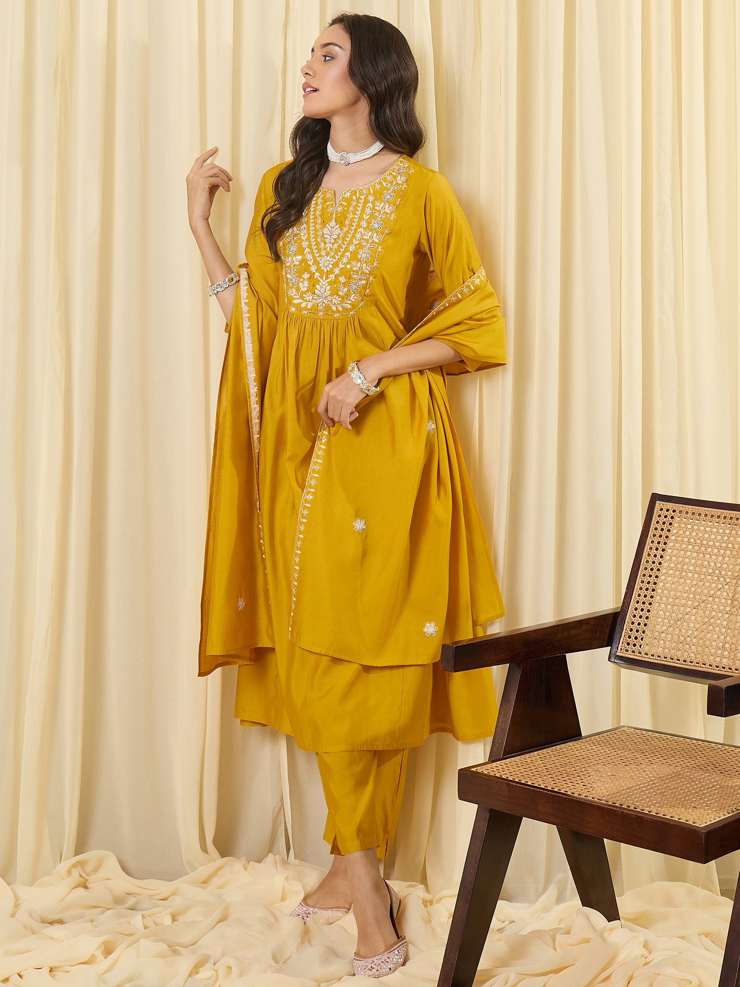 Indo Era Yellow Embroidered A-Line Kurta Trousers With Dupatta Set