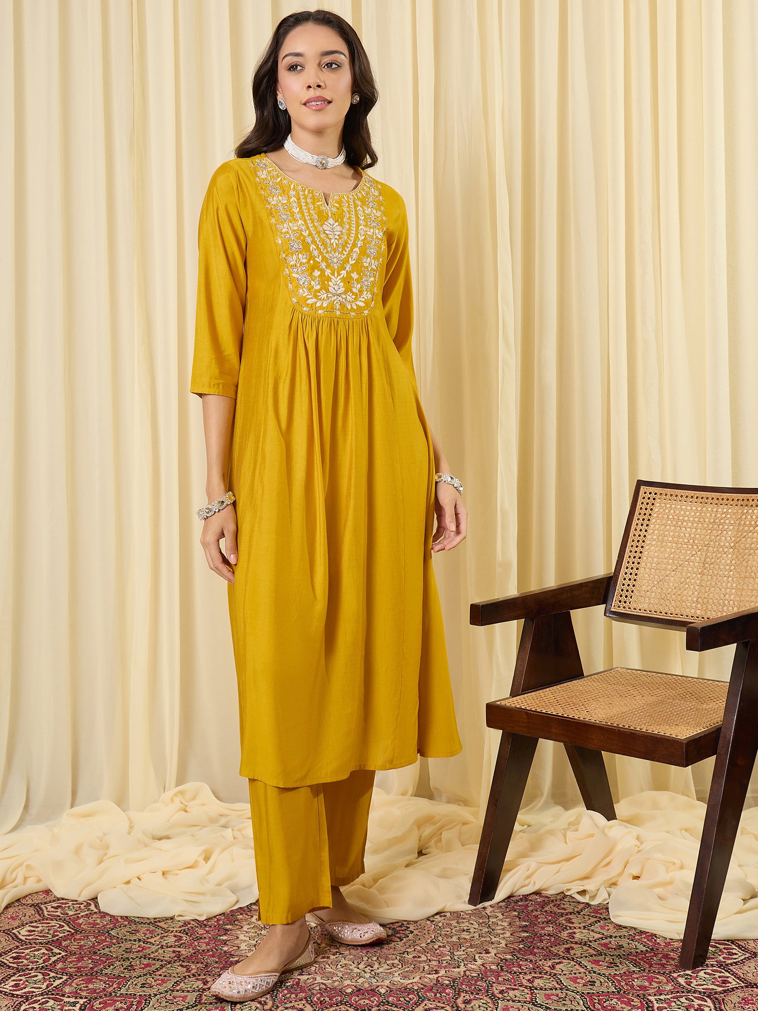 Indo Era Yellow Embroidered A-Line Kurta Trousers With Dupatta Set