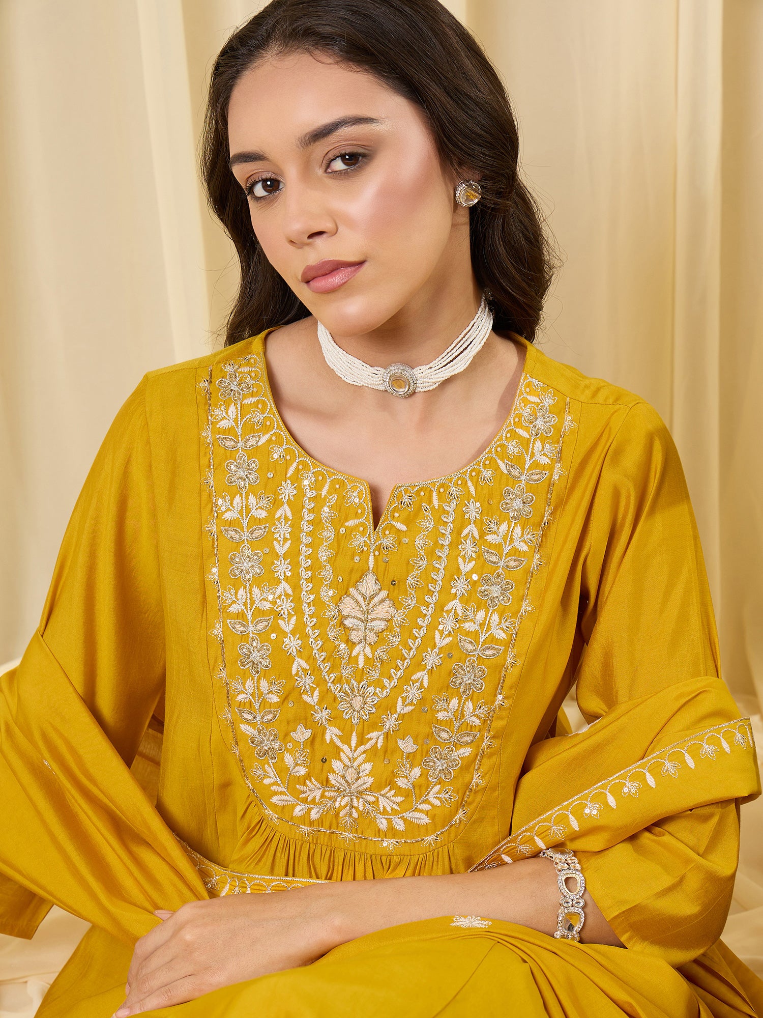 Indo Era Yellow Embroidered A-Line Kurta Trousers With Dupatta Set