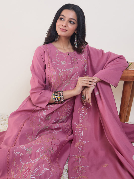 Indo Era Pink Embroidered A-Line Kurta Trousers With Dupatta set