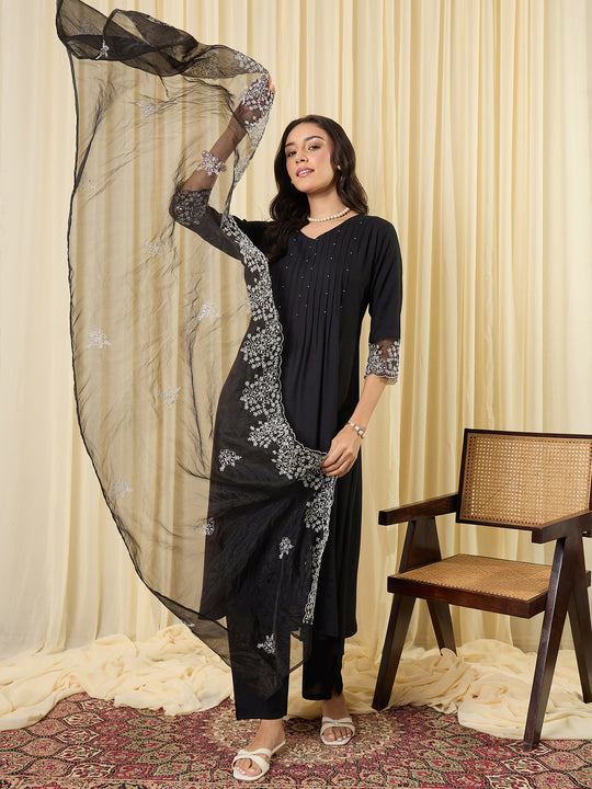 Indo Era Black Embroidered A-Line Kurta Trousers With Dupatta Set