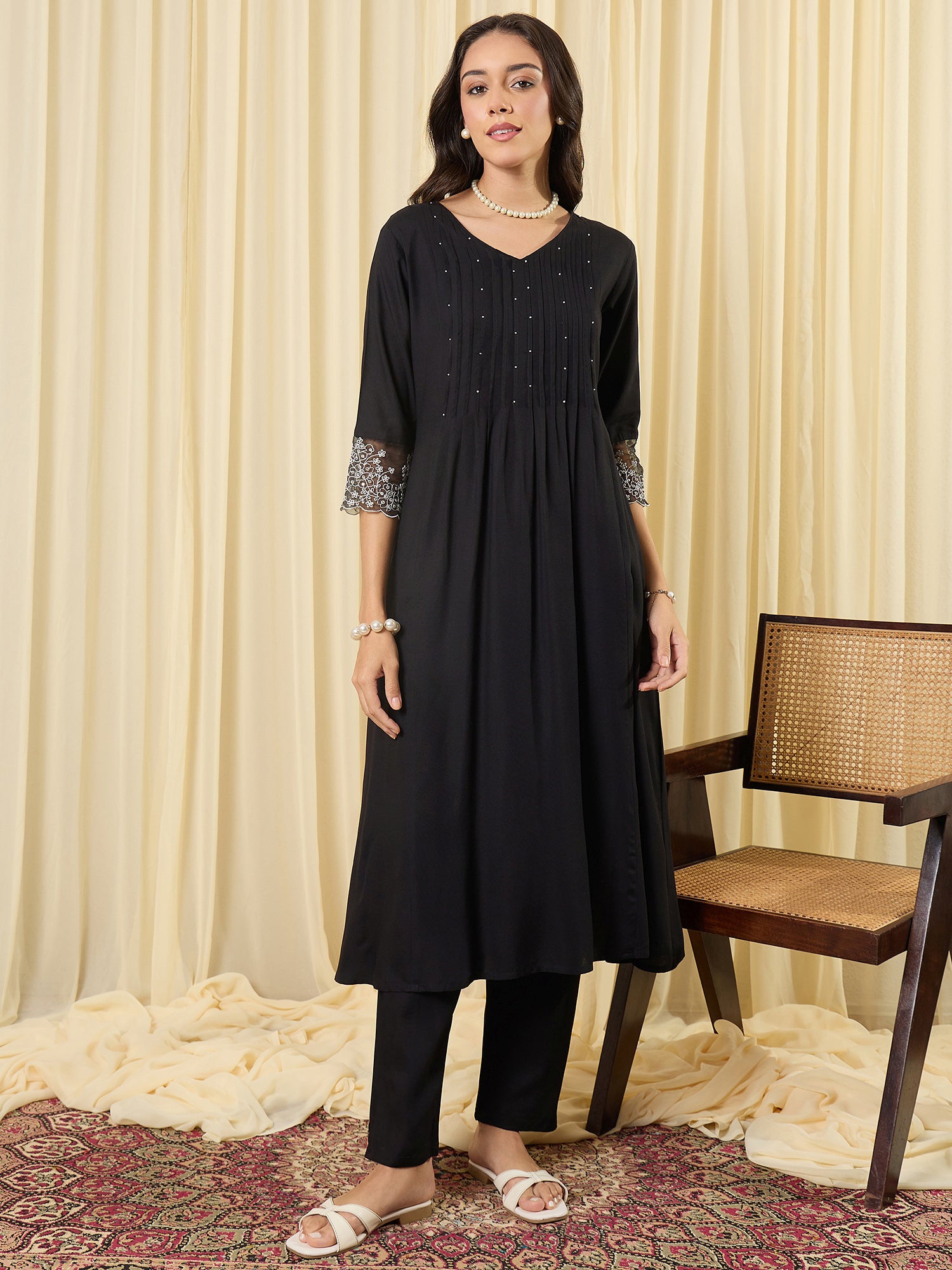 Indo Era Black Embroidered A-Line Kurta Trousers With Dupatta Set