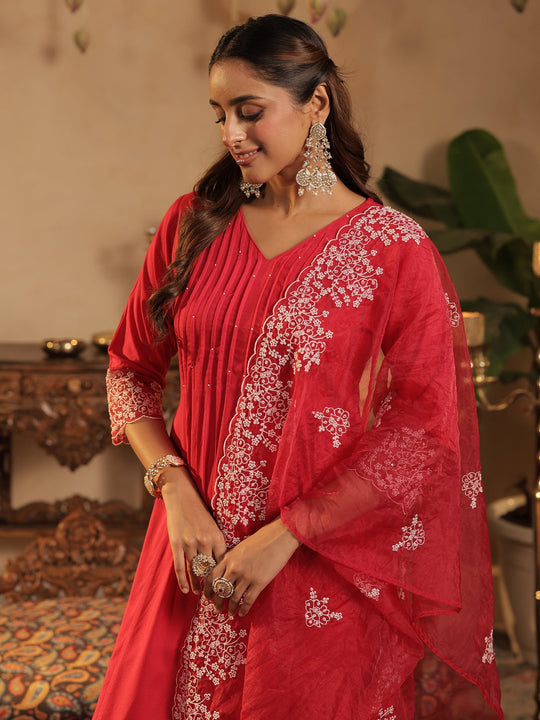 Pink Embroidered Viscose Rayon A-Line Suit Sets With Dupatta