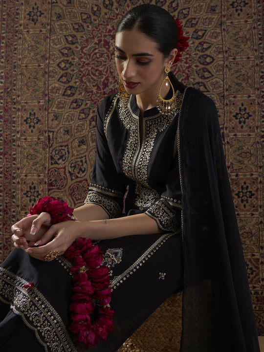 Indo Era Black Embroidered Straight Kurta Trousers With Dupatta Set