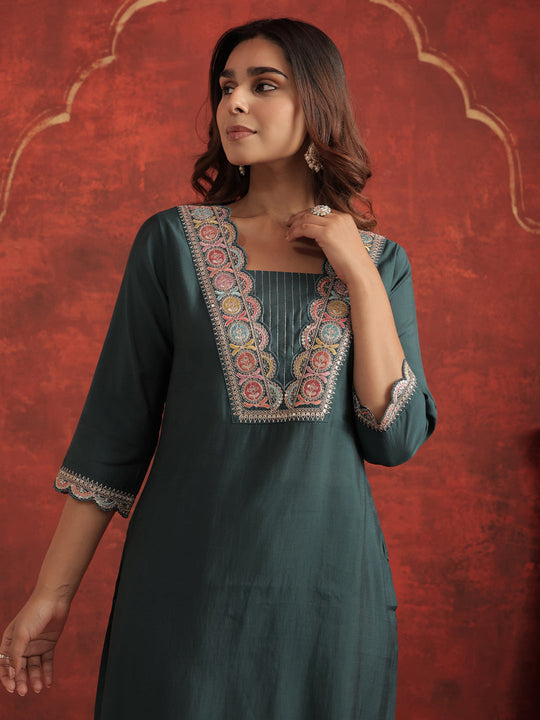 Teal Embroidered Silk Blend Straight Kurta Trouser Set