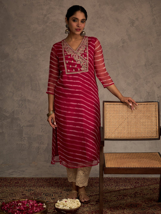 Indo Era Pink Printed Straight Kurtas