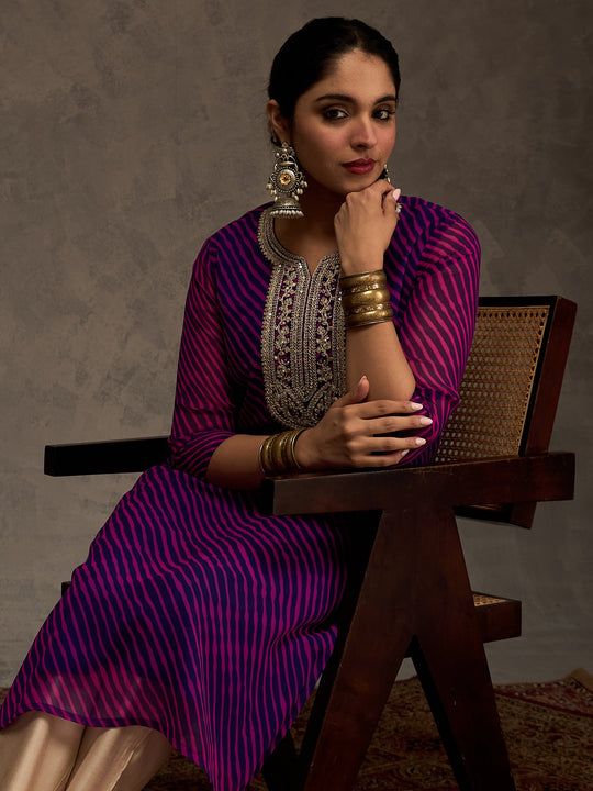 Indo Era Purple Printed Straight Kurtas