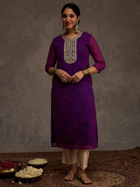 Indo Era Purple Printed Straight Kurtas