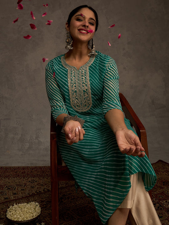 Indo Era Sea Green Printed Straight Kurtas