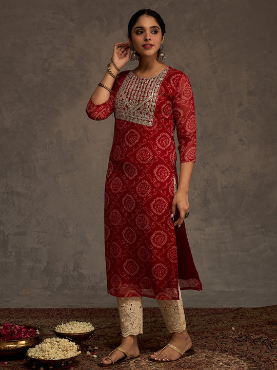 Indo Era Red Printed Straight Kurtas