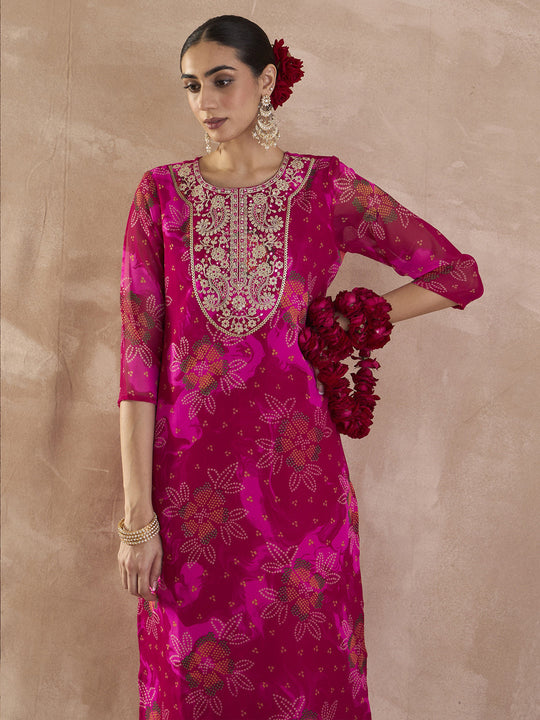 Indo Era Pink Embroidered Straight Kurta