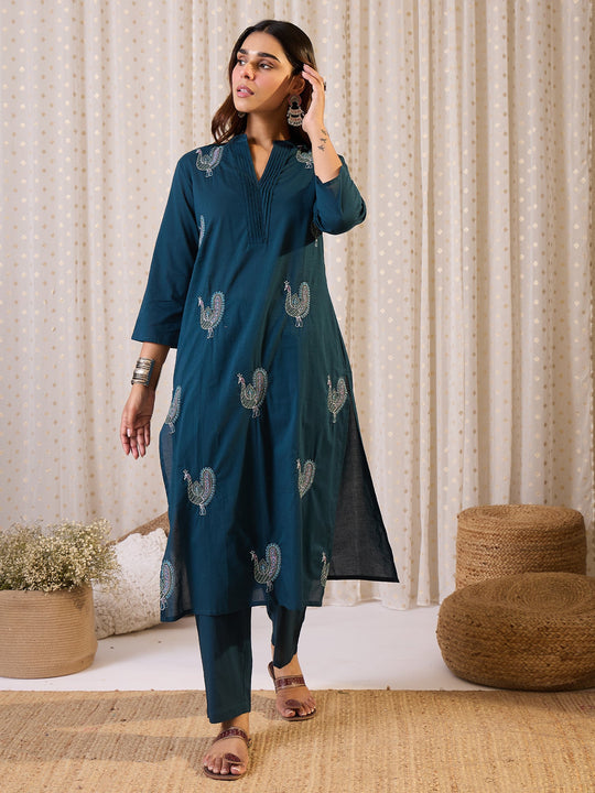 Blue Embroidered Pure Cotton Straight Kurta Trousers Set