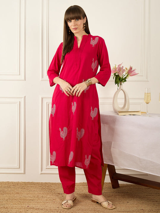 Indo Era Pink Embroidered A-Line Kurta Trousers Set